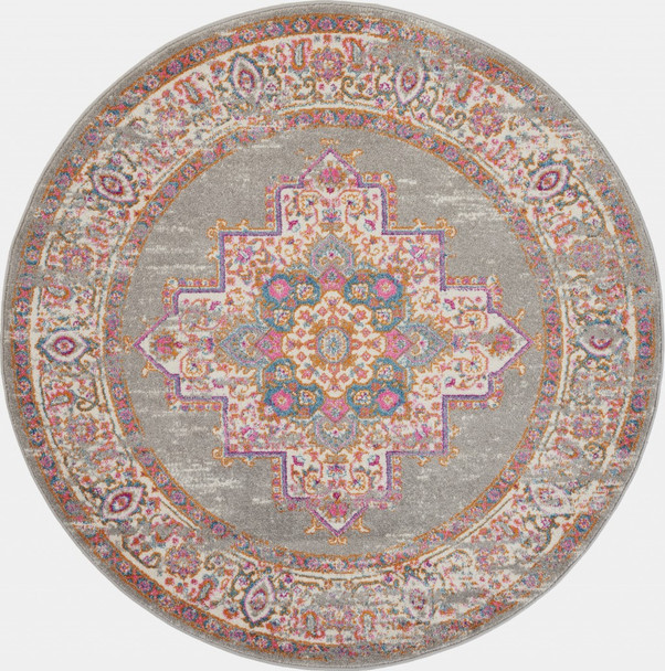 8 Round Gray and Gold Medallion Area Rug