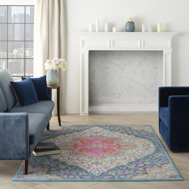 4 x 6 Blue and Pink Medallion Area Rug