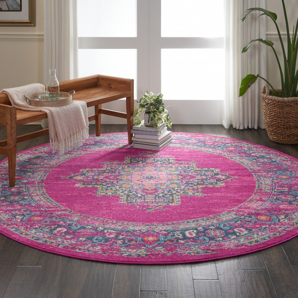 8 Round Fuchsia and Blue Distressed Area Rug