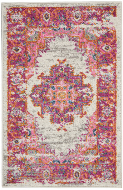 2 x 3' Ivory and Fuchsia Distressed Scatter Rug