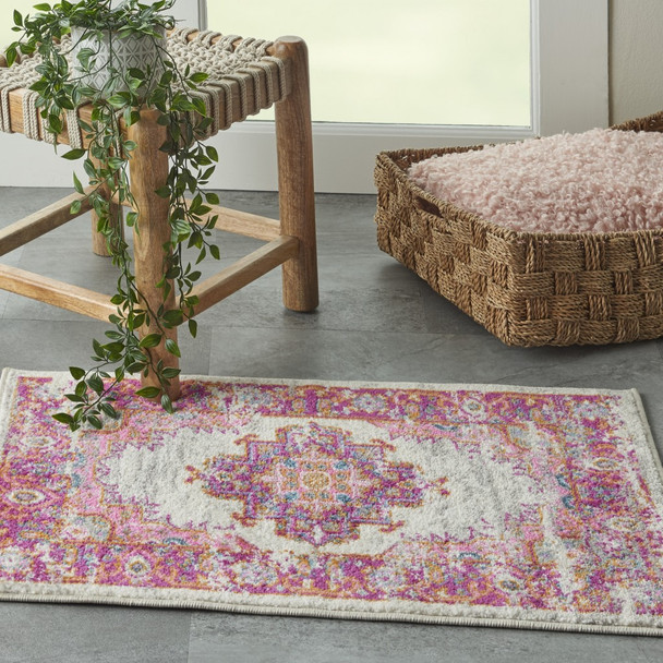 2 x 3' Ivory and Fuchsia Distressed Scatter Rug