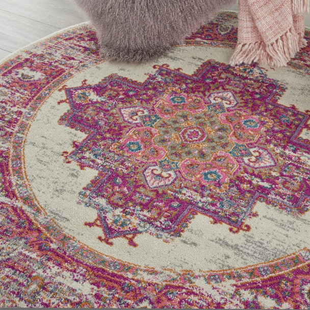 5 Round Ivory and Fuchsia Distressed Area Rug