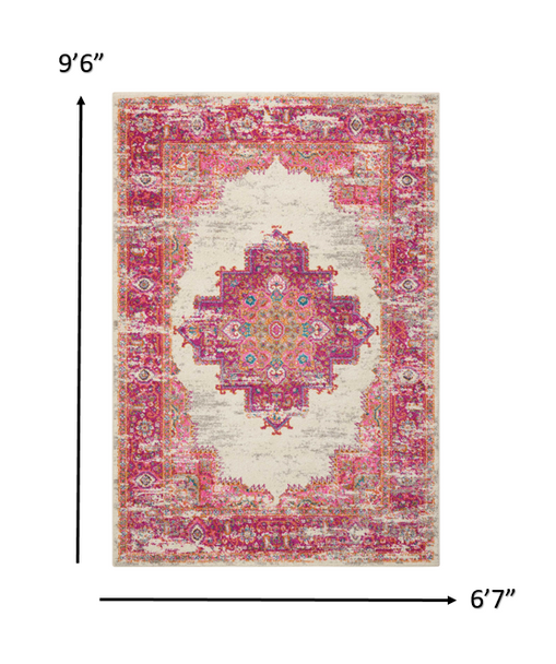 7 x 10' Ivory and Fuchsia Distressed Area Rug