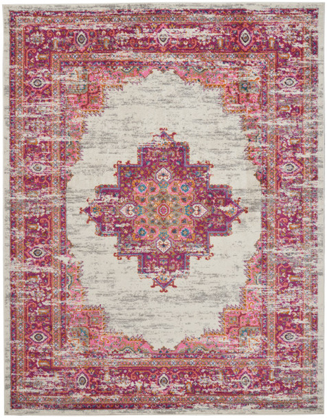 8 x 10' Ivory and Fuchsia Distressed Area Rug