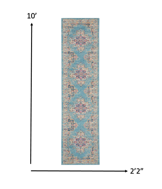 2 x 10 Light Blue Distressed Medallion Runner Rug