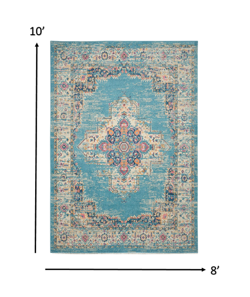 8x10 Light Blue Distressed Medallion Area Rug