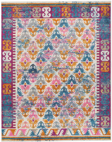 8 x 10 Ivory and Magenta Tribal Pattern Area Rug