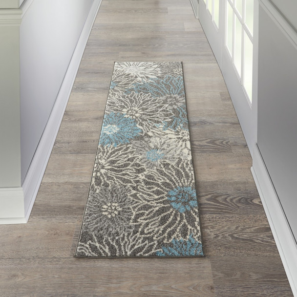 2 x 6 Charcoal and Blue Big Flower Runner Rug