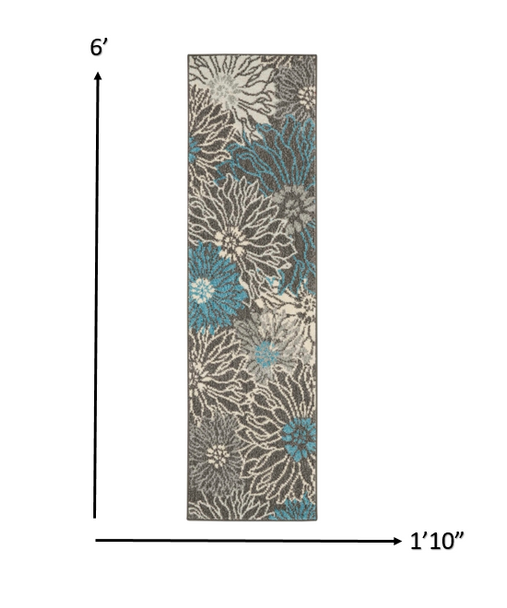 2 x 6 Charcoal and Blue Big Flower Runner Rug