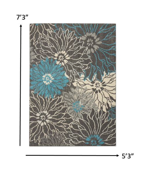 5 x 7 Charcoal and Blue Big Flower Area Rug