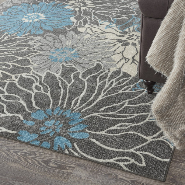 7 x 10 Charcoal and Blue Big Flower Area Rug