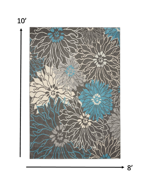 8 x 10 Charcoal and Blue Big Flower Area Rug