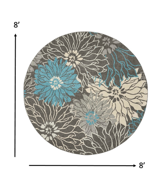 8 Round Charcoal and Blue Big Flower Area Rug