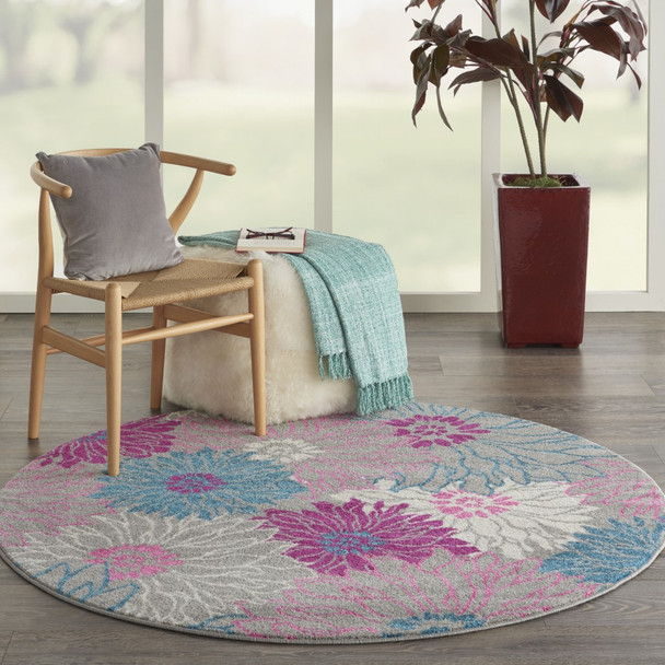 4 Round Gray and Pink Tropical Flower Area Rug