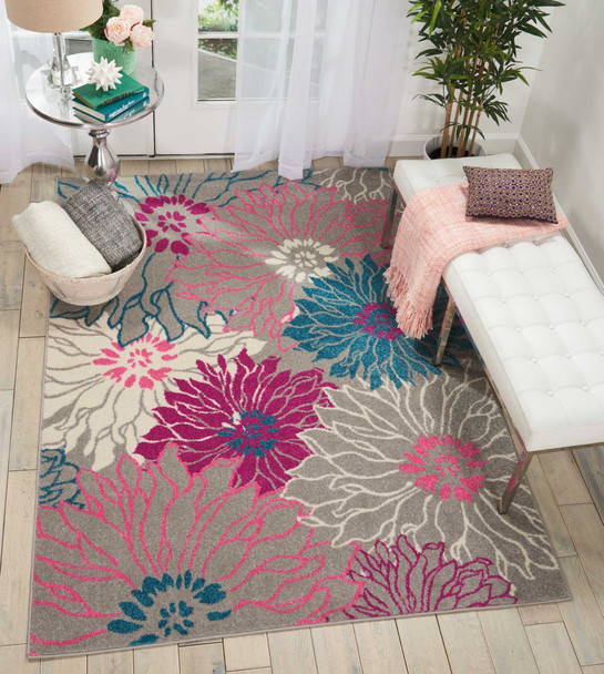 5 x 7 Gray and Pink Tropical Flower Area Rug