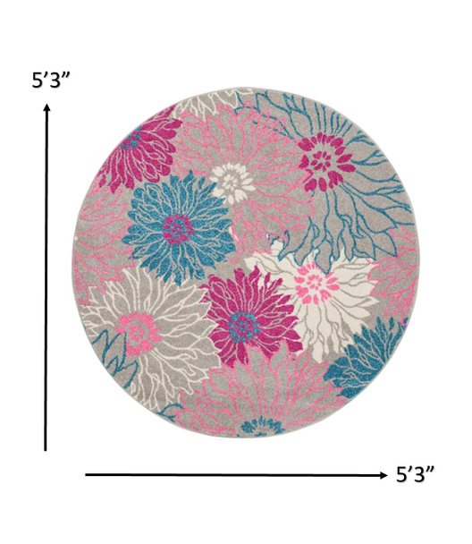 5 Round Gray and Pink Tropical Flower Area Rug