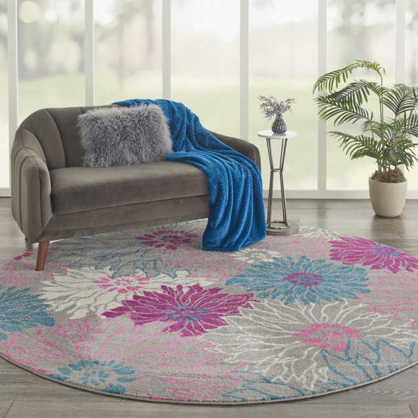 8 Round Gray and Pink Tropical Flower Area Rug