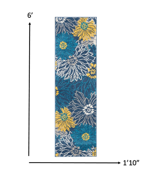 2 x 6 Blue Tropical Flower Runner Rug