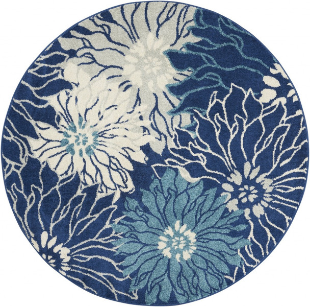 5 Round Navy and Ivory Floral Area Rug