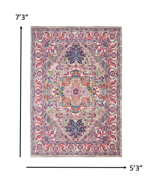 5 x 7 Light Gray and Pink Medallion Area Rug