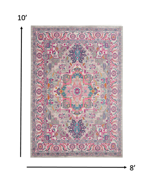 8 x 10 Light Gray and Pink Medallion Area Rug