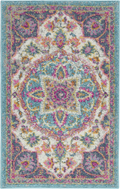 2 x 3 Pink and Blue Floral Medallion Scatter Rug