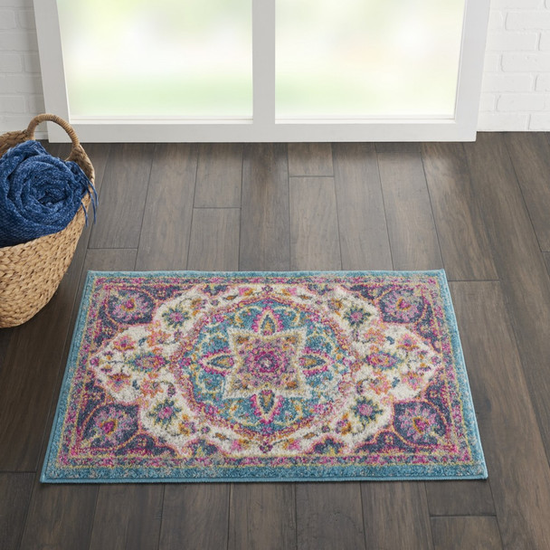 2 x 3 Pink and Blue Floral Medallion Scatter Rug