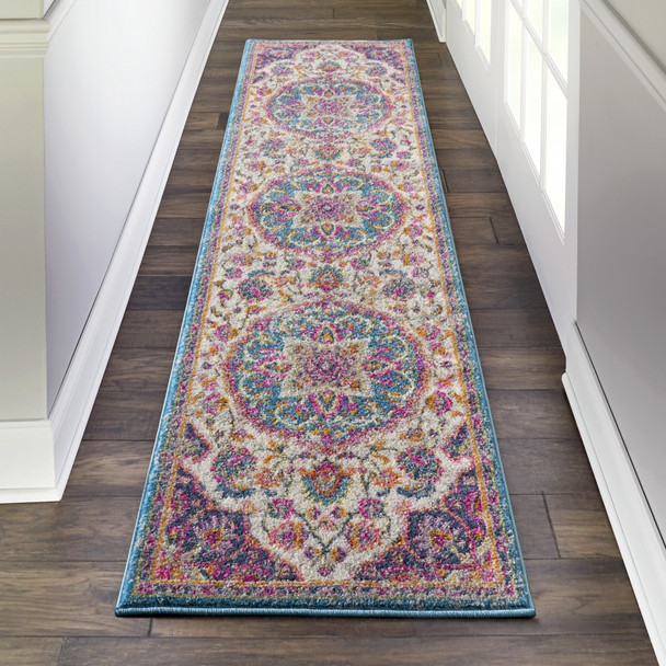 2 x 8' Pink and Blue Floral Medallion Runner Rug