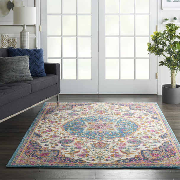 4 x 6 Pink and Blue Floral Medallion Area Rug