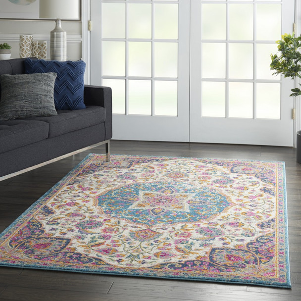 4 x 6 Pink and Blue Floral Medallion Area Rug