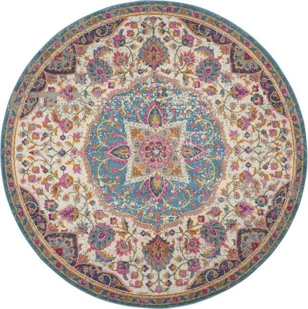 4 Round Pink and Blue Floral Medallion Area Rug