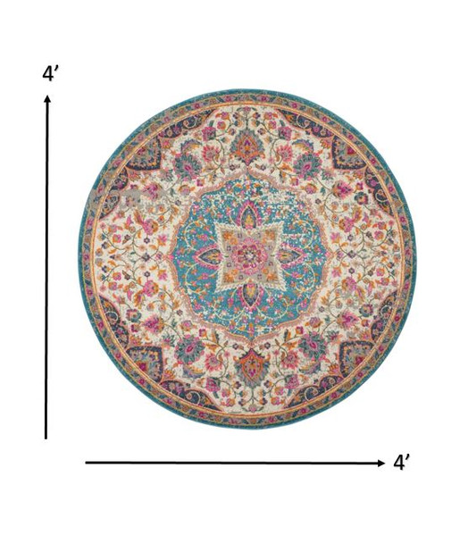 4 Round Pink and Blue Floral Medallion Area Rug