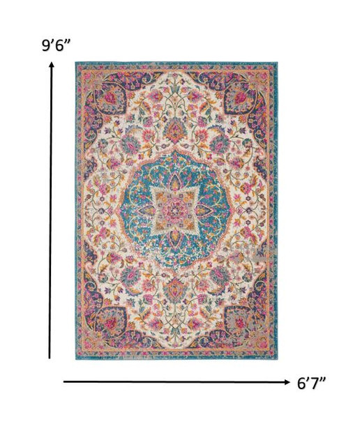 7 x 10 Pink and Blue Floral Medallion Area Rug