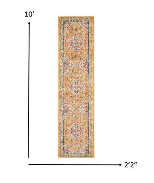 2 x 10 Ivory and Yellow Center Medallion Runner Rug