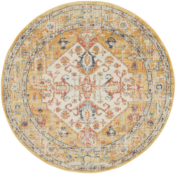 4 Round Ivory and Yellow Center Medallion Area Rug