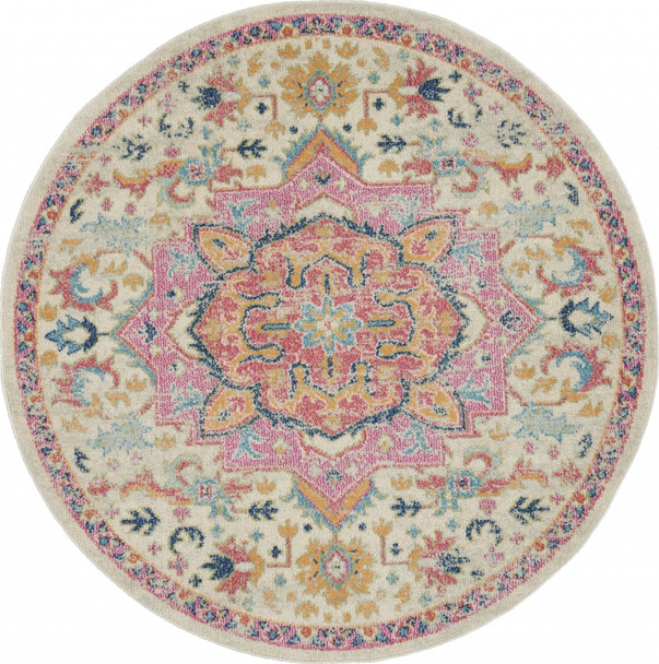 5 Round Ivory and Pink Medallion Area Rug