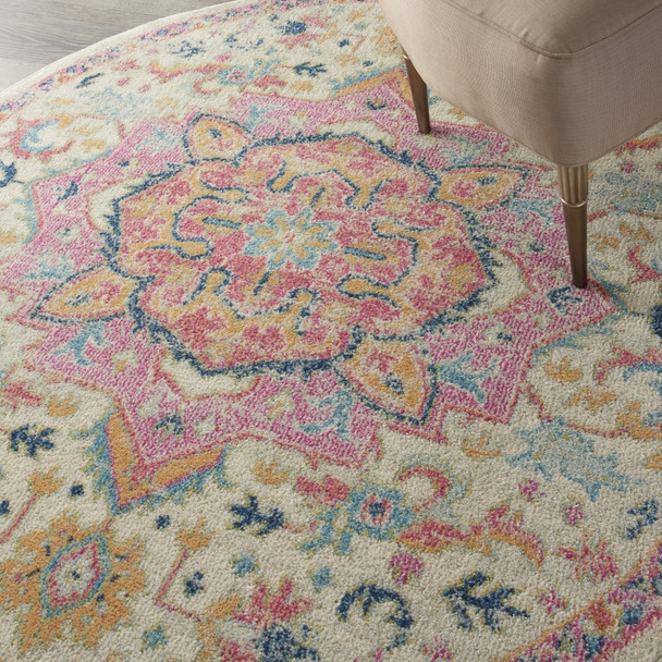 5 Round Ivory and Pink Medallion Area Rug