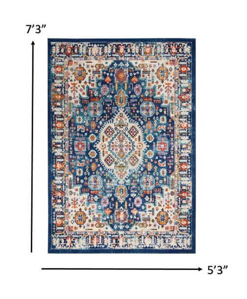 5 x 7 Blue and Ivory Medallion Area Rug