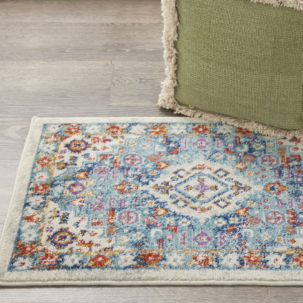 2 x 3 Ivory and Blue Floral Motifs Scatter Rug