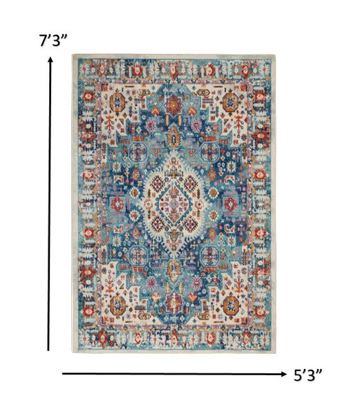 5 x 7 Ivory and Blue Floral Motifs Area Rug