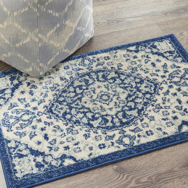 2 x 3 Ivory and Blue Medallion Scatter Rug