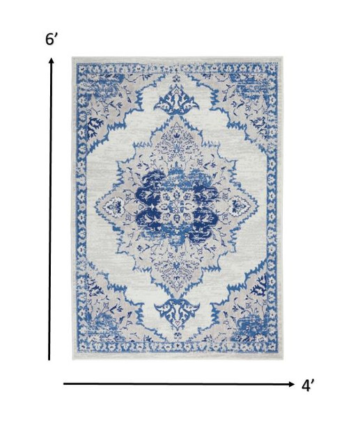 4 x 6 Ivory and Blue Medallion Area Rug