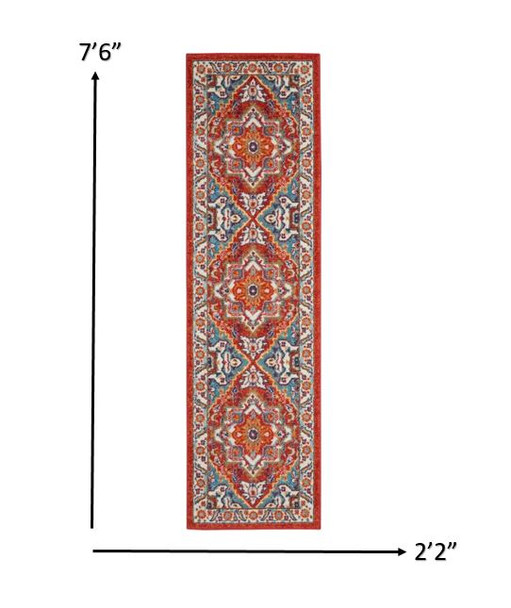 2 x 8 Red and Ivory Medallion Runner Rug