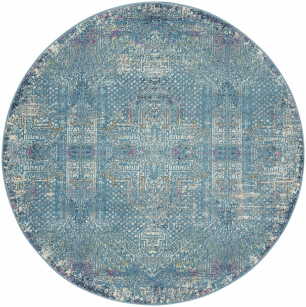 5 Round Blue Distressed Medallion Area Rug