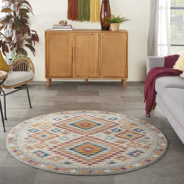 5 Round Ivory and Red Diamonds Area Rug