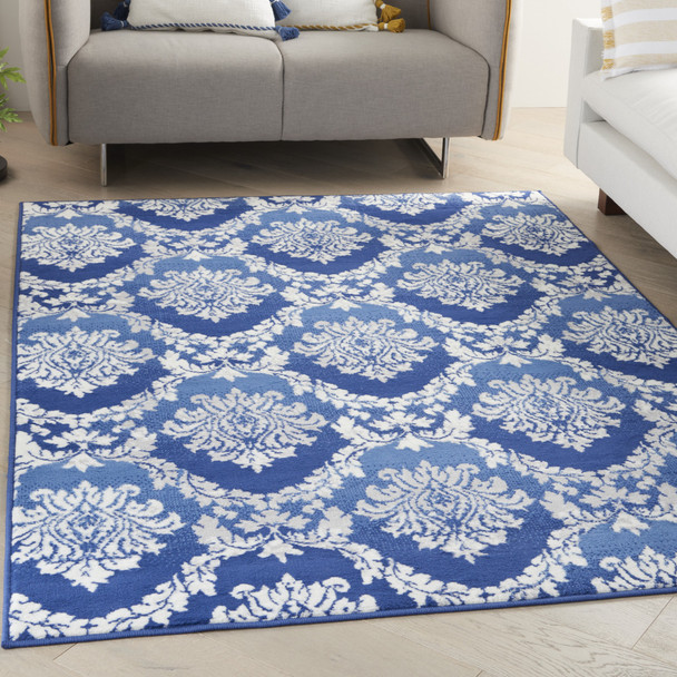 4 x 6 Blue and Ivory Damask Area Rug