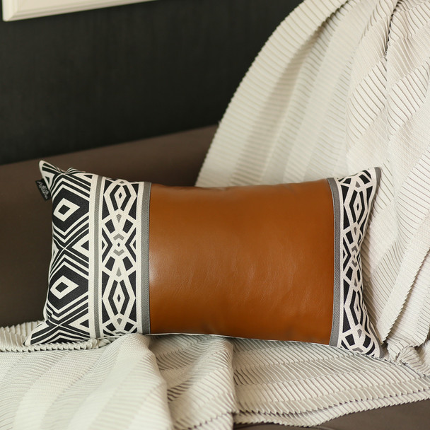 Rectangular Rustic Brown Faux Leather and Geometric Patterns Lumbar Pillow Cover