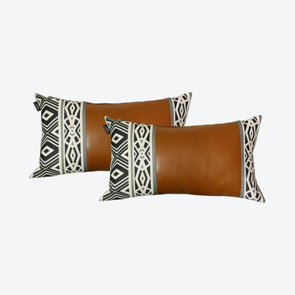 Rectangular Rustic Brown Faux Leather and Geometric Patterns Lumbar Pillow Cover