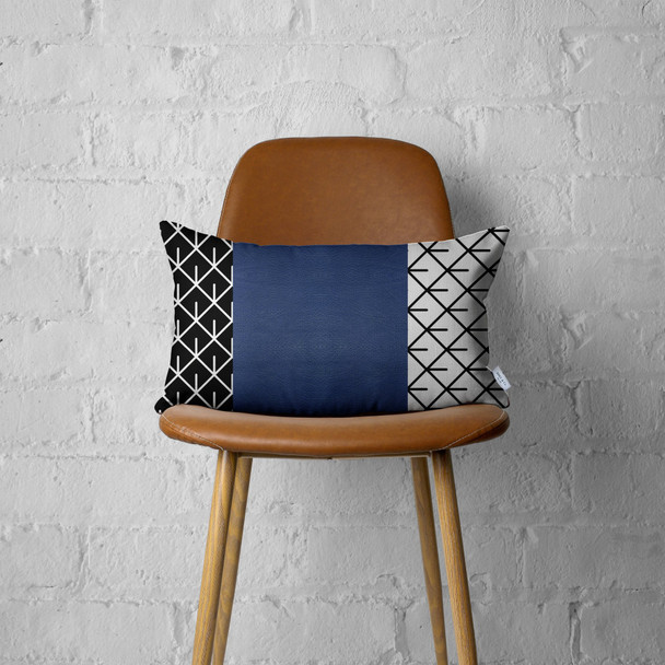 Rectangular Bohemian Lattice Pattern and Navy Blue Faux Leather Lumbar Pillow Cover