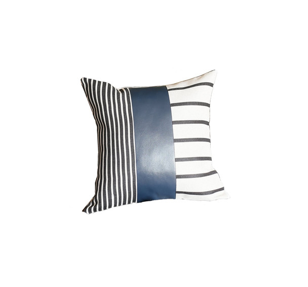 Traditional Navy Blue Faux Leather and Monochromatic Stripes Lumbar Pillow Cover